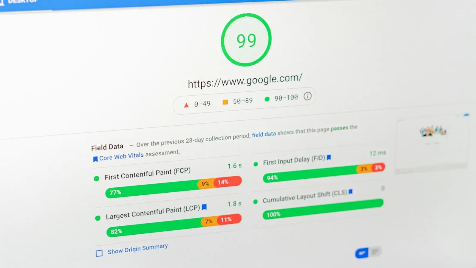 Google PageSpeed Insights showing a performance score of 99 on a monitor