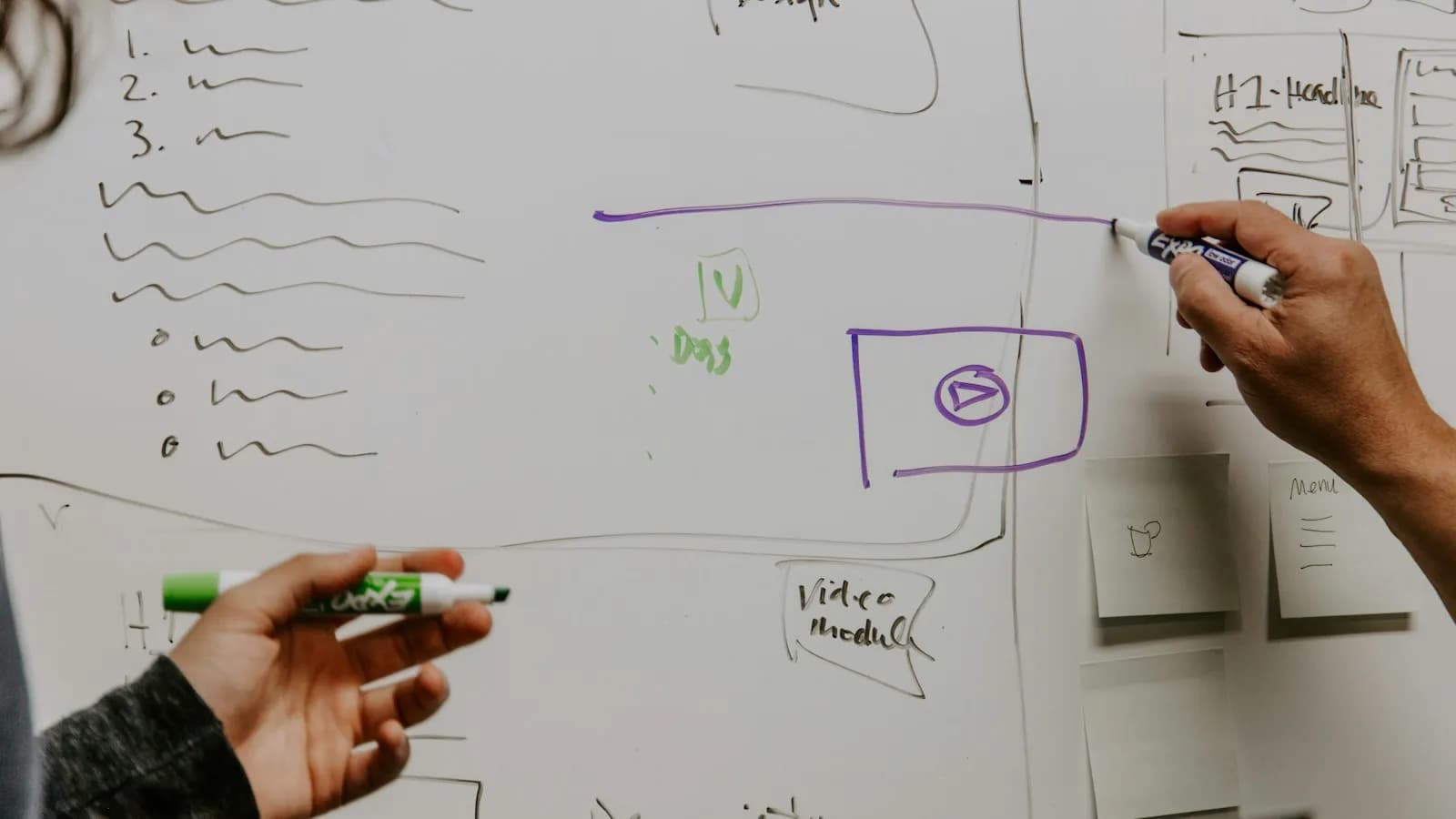 A hand drawing boxes and arrows on a whiteboard during planning
