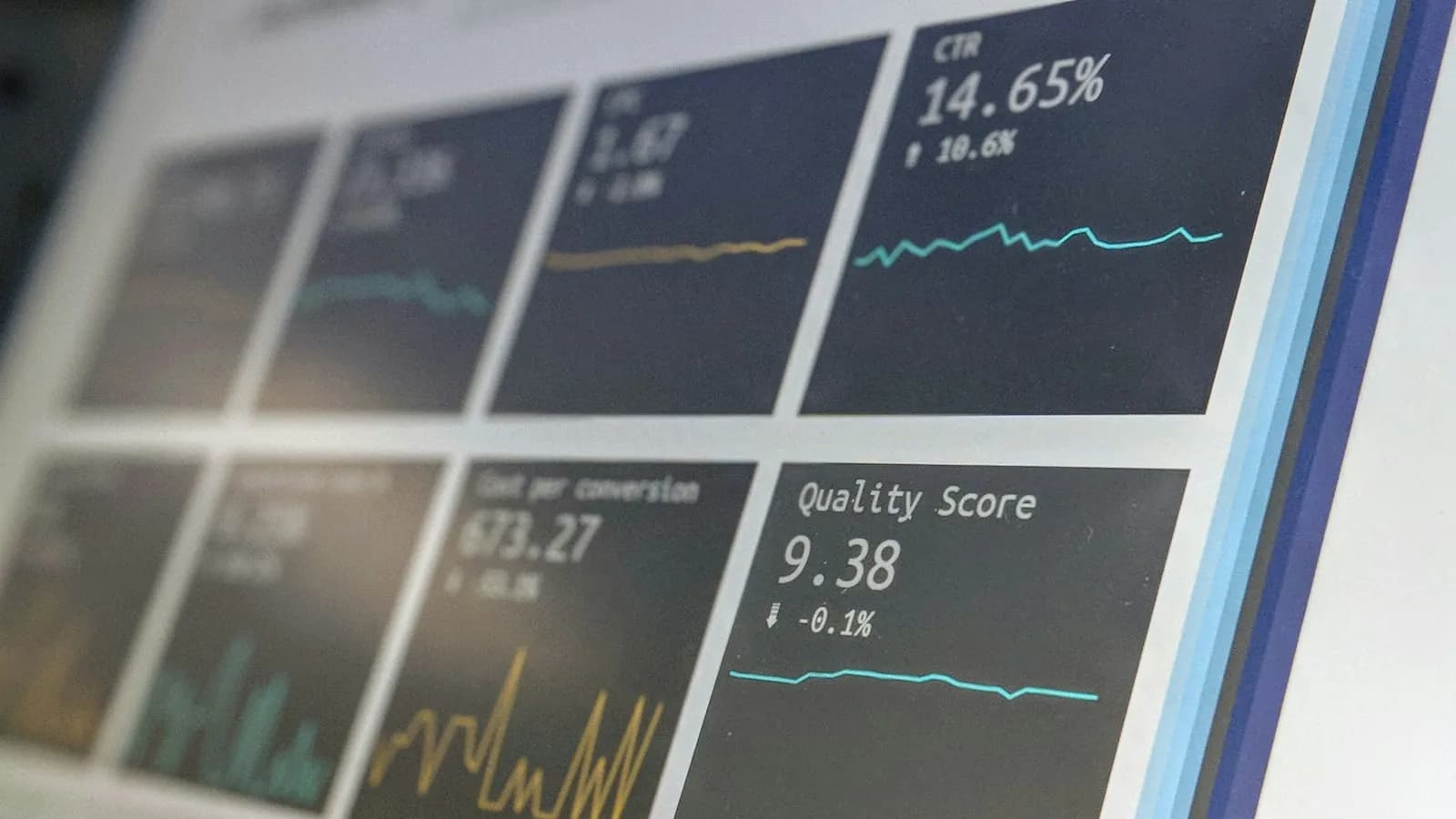 A large screen showing marketing dashboard tiles with click-through rate, cost per conversion and other metrics