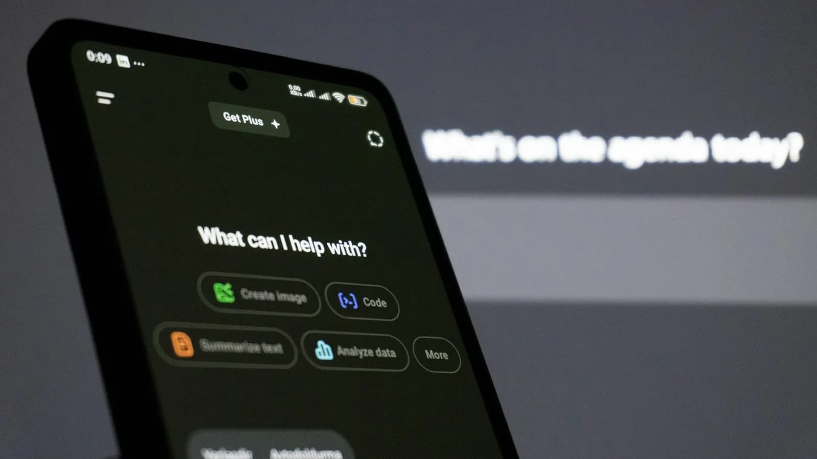 A smartphone screen showing an AI assistant asking what it can help with