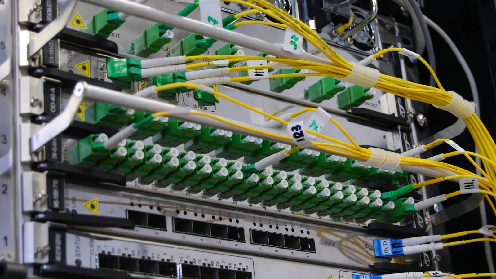 Fibre optic cables connected to a network switch in a server rack