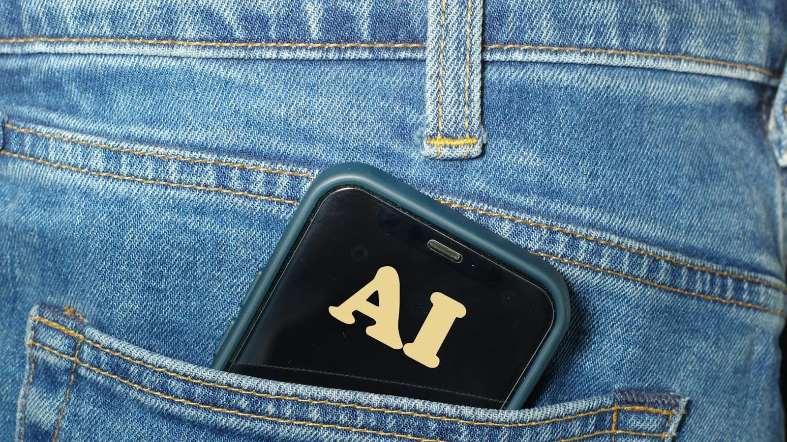 A smartphone with the letters AI on its case, sitting in a jeans pocket