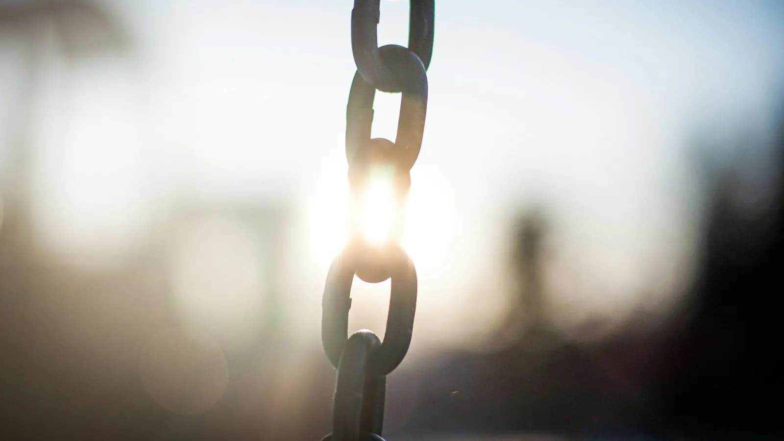 A grey metal chain hanging in front of a soft sunlit background