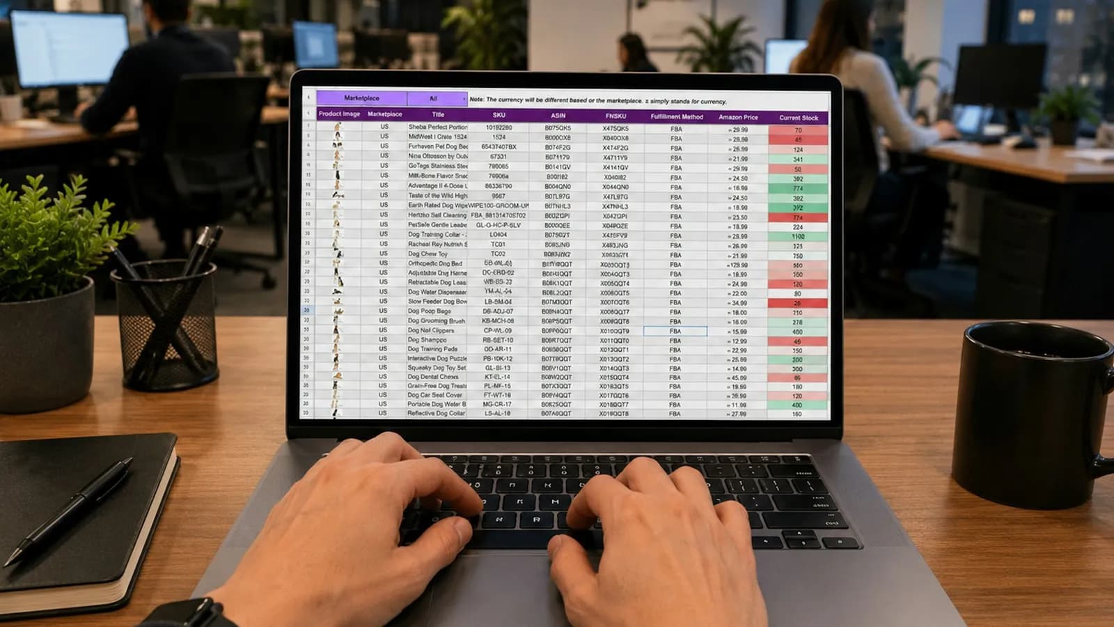Hands typing on a laptop that shows a long lead spreadsheet