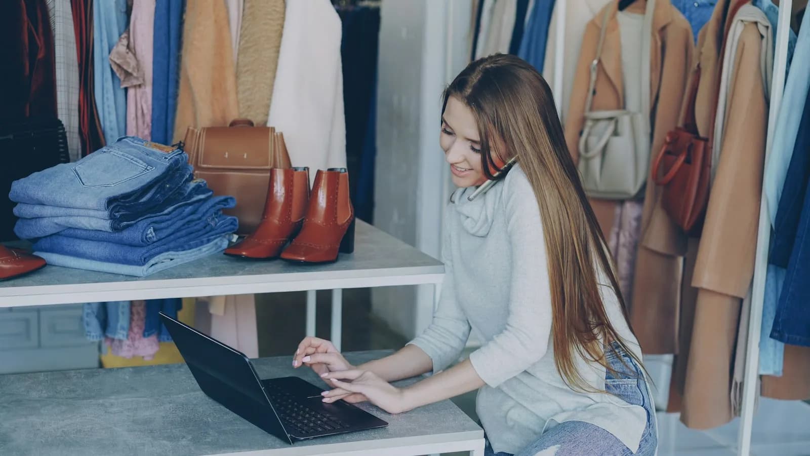 A woman in a clothing store working on a laptop while talking on the phone