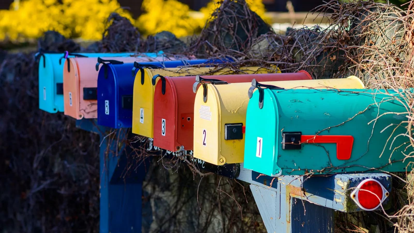 A row of colourful numbered mailboxes outdoors