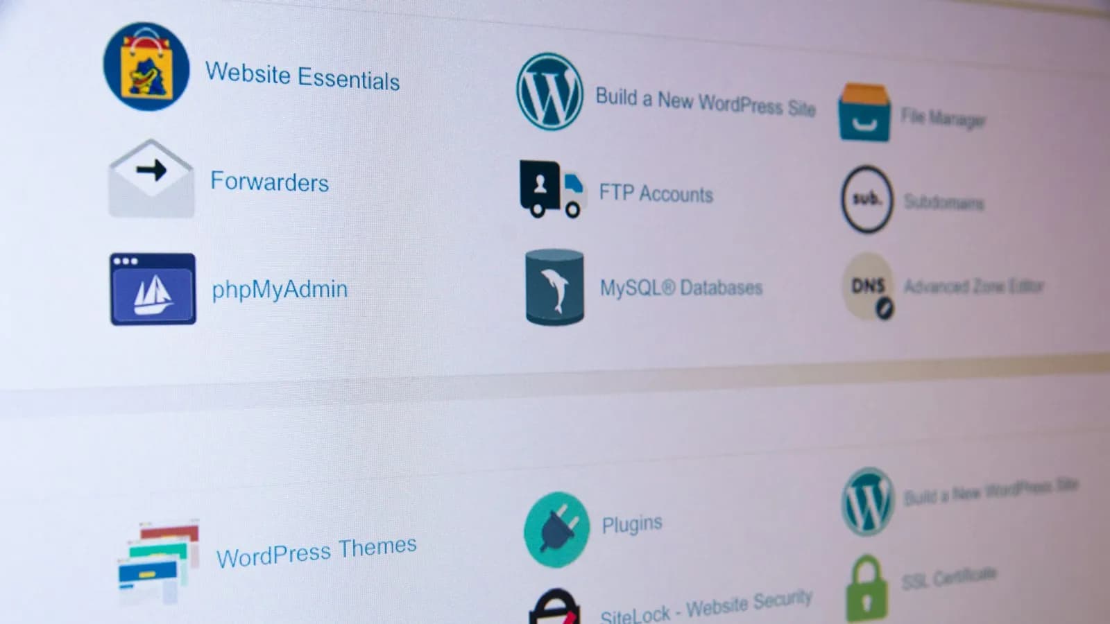 A hosting control panel screen showing website tool icons