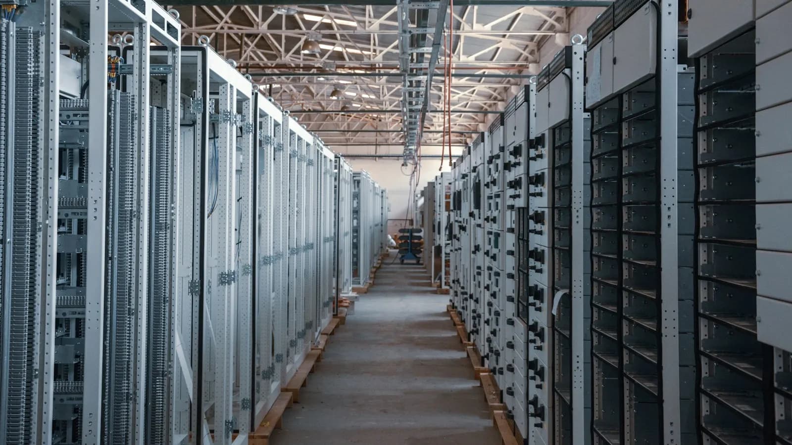 A long aisle between rows of server racks in a data centre